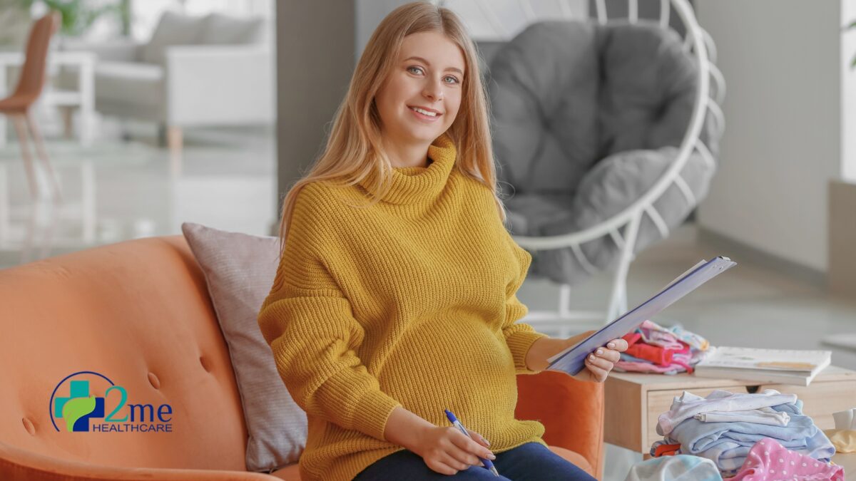 A pregnant woman making a birth bag checklist